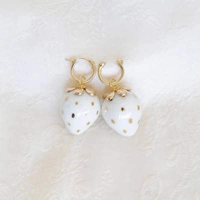 Poporcelain Golden White Porcelain Strawberry Earrings In Strawberry