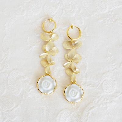 Poporcelain Porcelain Moonlight Rose And Triple Leaves Clip-on Earrings In Clip-on