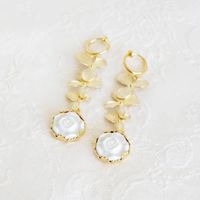 Poporcelain Porcelain Moonlight Rose And Triple Leaves Clip-on Earrings In Clip-on