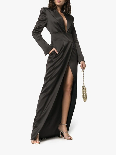Shop Alexandre Vauthier Deep V-neck Belted Long-sleeve Blazer Dress In Black