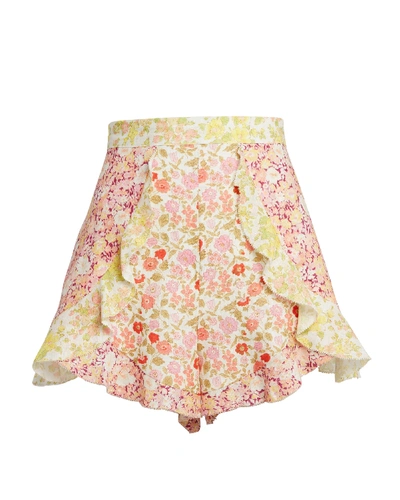 Shop Zimmermann Goldie Floral Ruffle Patchwork Shorts In Multi