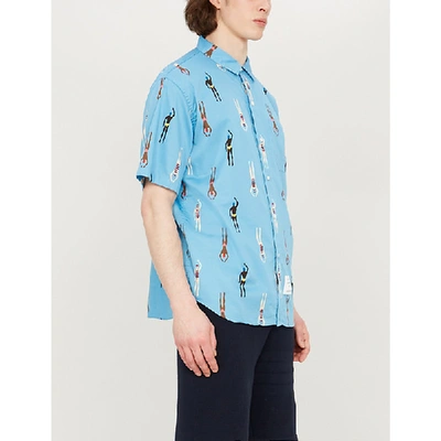Shop Thom Browne Swimmer-print Regular-fit Cotton-poplin Shirt In Blue