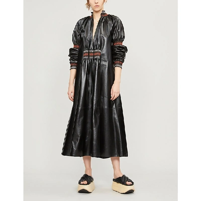 Shop Loewe Embroidered Leather Midi Dress In Black