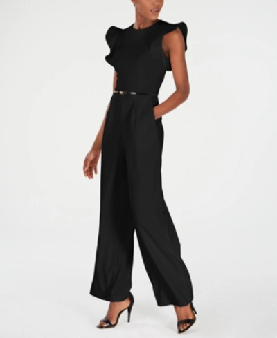 Shop Calvin Klein Belted Ruffle-sleeve Jumpsuit, Regular & Petite Sizes In Black