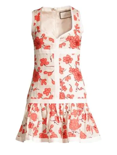 Shop Alexis Lilou Floral Mini Linen Flounce Dress In Spring Blossom Embroidery