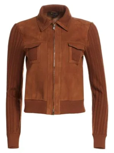 Shop Loro Piana Quercy Knit & Suede Collared Jacket In Burnt Maple