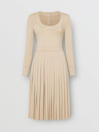 Shop Burberry Long-sleeve Pleated Dress In Teddy Beige