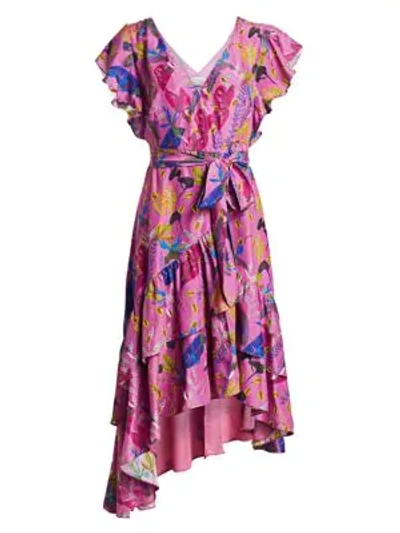Shop Tanya Taylor Dita Print Silk Ruffled Wrap Dress In Jungle Leaves Purple