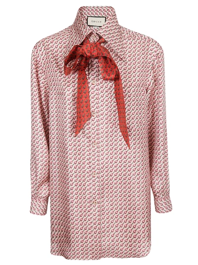 Shop Gucci Patterned Pussy-bow Shirt In Pink
