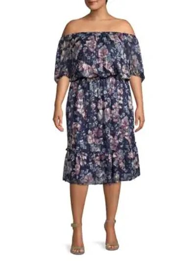 Shop Adrianna Papell Plus Floral Off-the-shoulder Blouson Dress In Navy