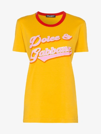 Shop Dolce & Gabbana Contrast Crew Neck Logo Print Cotton T-shirt In Yellow