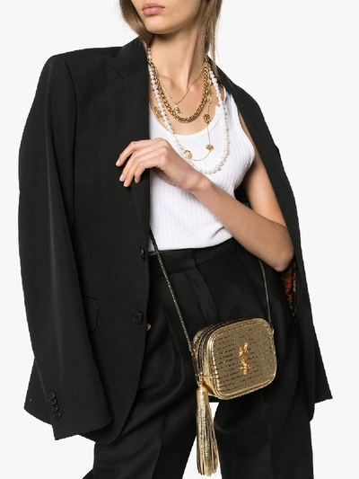 Shop Saint Laurent Gold Blogger Striped Tassel Leather Mini Bag In 8097 Gold