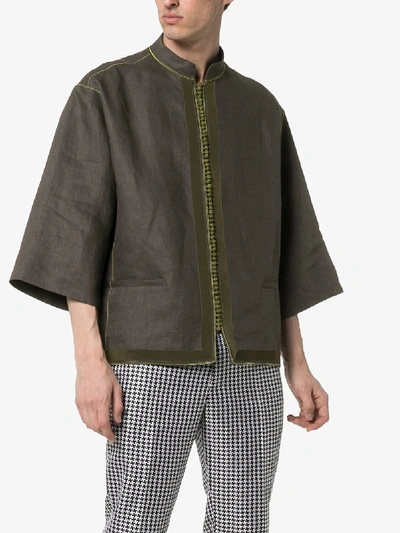 Shop Haider Ackermann Grandad Collar Three-quarter Sleeve Kimono Style Shirt In 098 Khaki