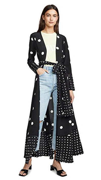 Shop We Are Leone Contrast Polka Dot Maxi Cardigan In Black With White Polka Dots