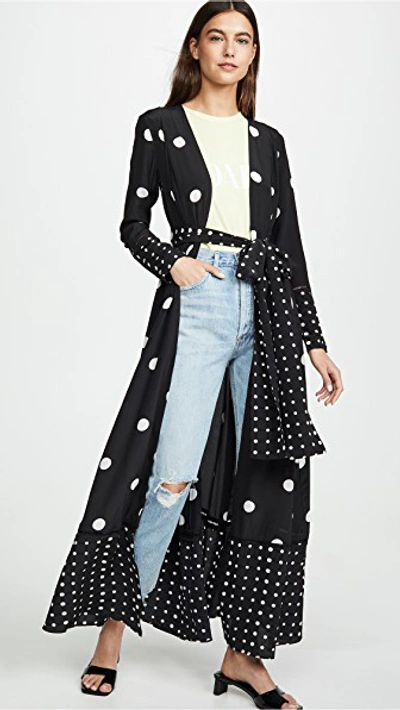 Shop We Are Leone Contrast Polka Dot Maxi Cardigan In Black With White Polka Dots