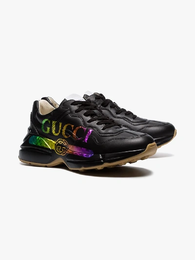 Shop Gucci Black Rhyton Logo Leather Sneakers