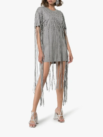 Shop Area Crystal Net Fringe Overlay Cotton T-shirt In Grey