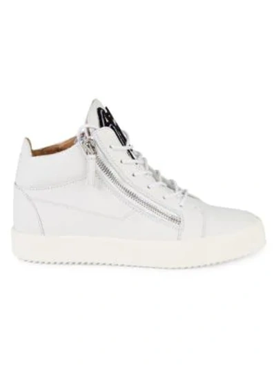 Shop Giuseppe Zanotti Varsity Mid Top Leather Sneakers In White Black