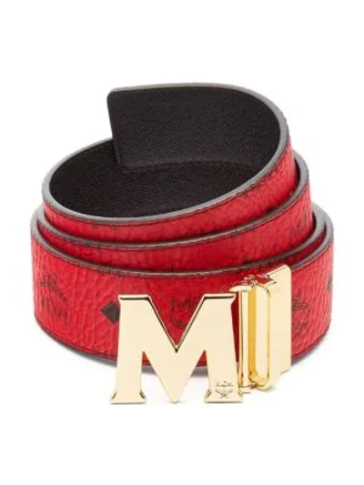 Shop Mcm Claus M Reversible Belt In Black Logo Visetos In Black Red