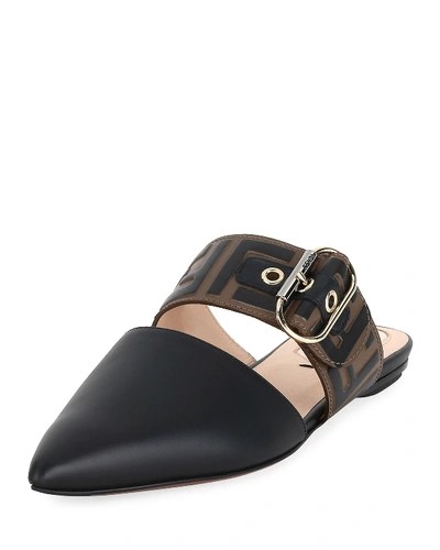 Shop Fendi Leather Mules With Ff Strap In Black