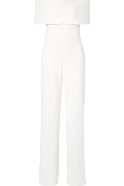 Shop Lela Rose Off-the-shoulder Wool-blend Cady Jumpsuit In Ivory