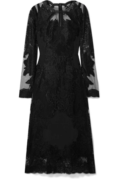 Shop Dolce & Gabbana Embroidered Lace And Crepe De Chine Midi Dress In Black