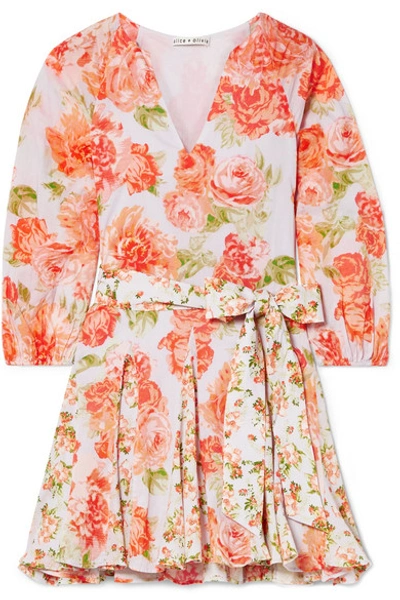 Shop Alice And Olivia Pali Belted Floral-print Cotton-voile Mini Dress In Coral