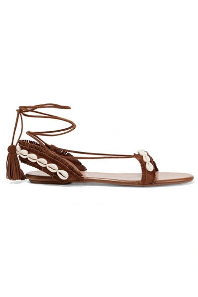 Shop Aquazzura Riviera Shell-embellished Suede Sandals In Brown