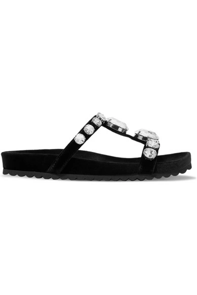 Shop Miu Miu Crystal-embellished Velvet Slides In Black