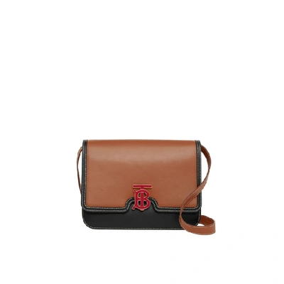 Shop Burberry Medium Two-tone Leather Tb Bag In Malt Brown/black