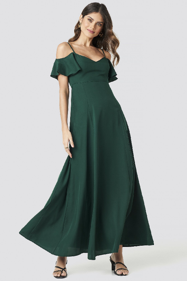 green cold shoulder maxi dress