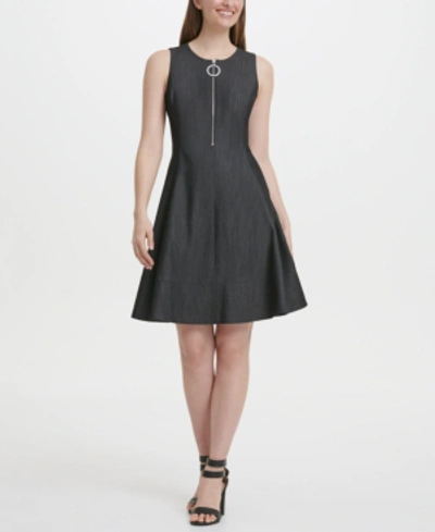 Shop Dkny Denim Fit & Flare Front Zip Dress In Black/blue