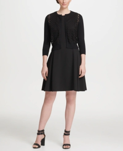 Shop Dkny Three-quarter-sleeve Lace Front Cardigan In Black
