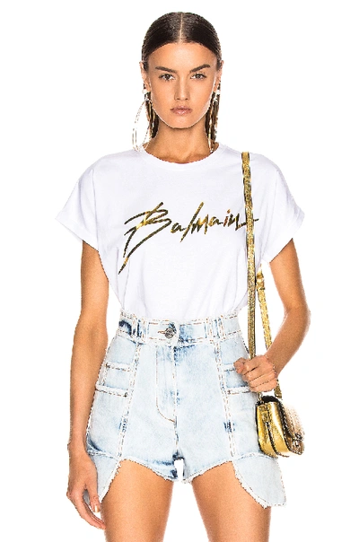Shop Balmain Logo Crew Neck T Shirt In White & Gold