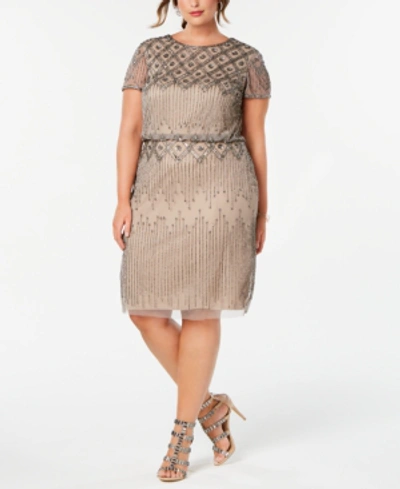 Shop Adrianna Papell Plus Size Hand-beaded Sheath Dress In Mercury/nude