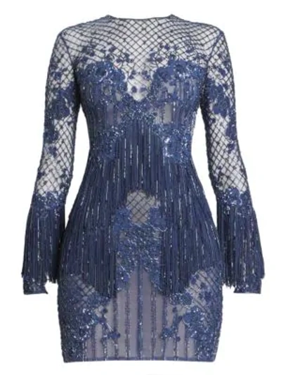 Shop Zuhair Murad Fringed Blossom Mini Dress In Twilight Blue