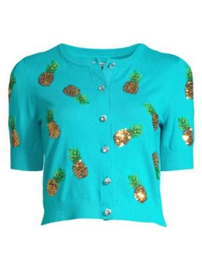 Shop Alice And Olivia Brady Sequin Pineapple Cropped Cardigan In Marine Blue Multi