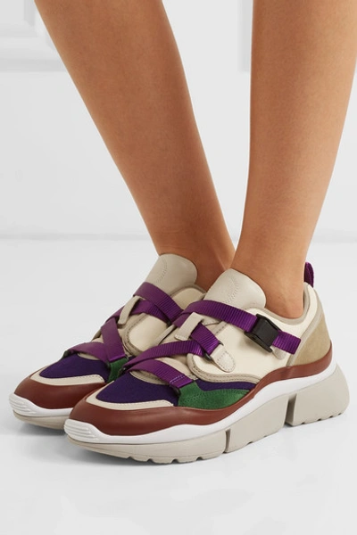 Shop Chloé Sonnie Canvas, Mesh, Suede And Leather Sneakers In Beige
