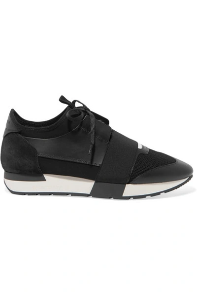 Shop Balenciaga Race Runner Stretch-knit, Mesh, Suede And Leather Sneakers In Black