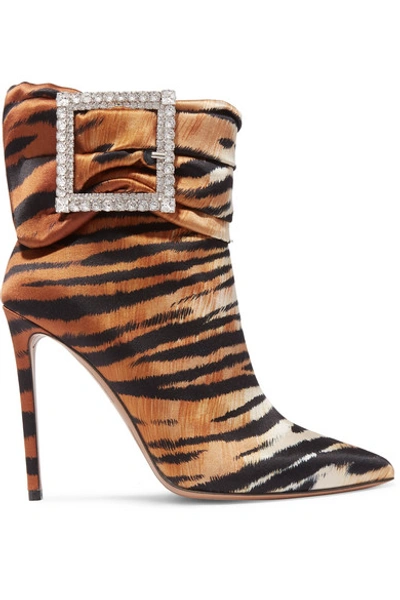 Shop Alexandre Vauthier Yasmine Embellished Tiger-print Satin Ankle Boots In Tan