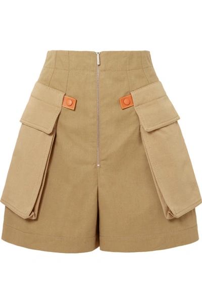 Shop Loewe Leather-trimmed Cotton-twill Shorts In Beige