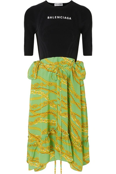 Shop Balenciaga Printed Jersey And Silk-crepe Dress In Green