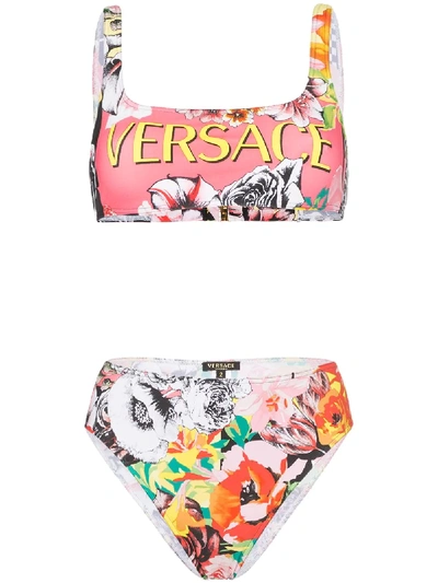 Shop Versace Logo Floral Print Bikini - A7000 Multi Color