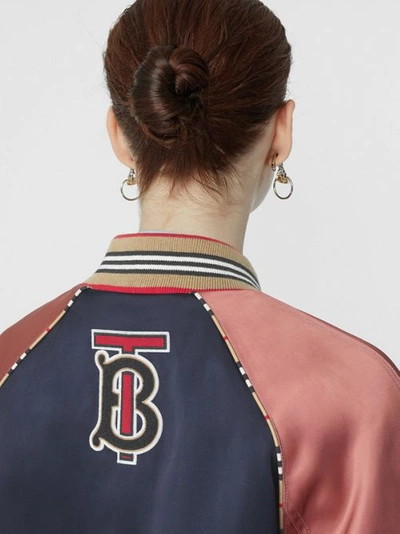 Shop Burberry Icon Stripe Detail Monogram Motif Bomber Jacket In Navy/pink