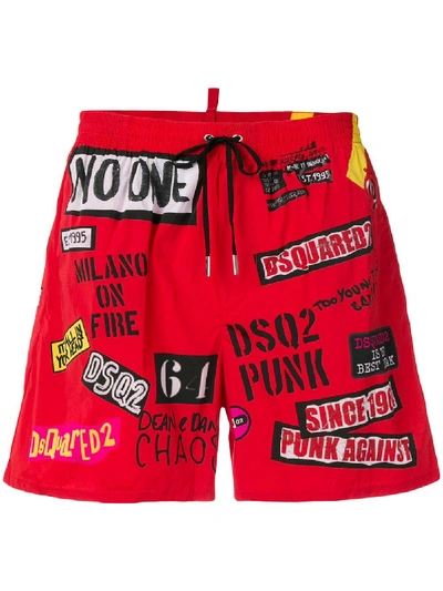 Shop Dsquared2 Patch Print Swim Shorts In Red