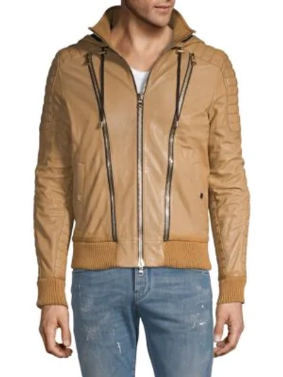 Shop Balmain Leather Bomber Jacket In Brown