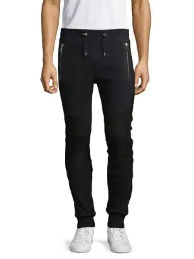 Shop Balmain Drawcord Cotton & Suede Jogger Pants In Black
