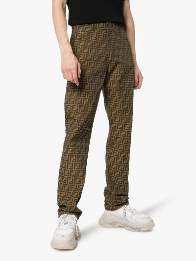 Shop Fendi Jacquard Ff Logo Trousers In Neutrals