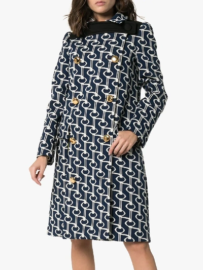 Shop Prada Jacquard Coat With Key Motif In Blue