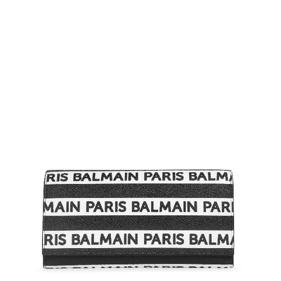 Shop Balmain Stripe Logo Coated Canvas Wallet In Black/white
